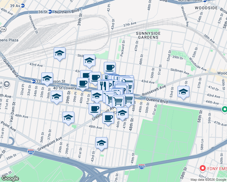 map of restaurants, bars, coffee shops, grocery stores, and more near 44-44 Queens Boulevard in Queens