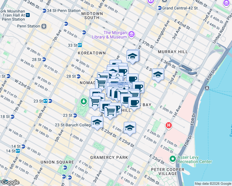 map of restaurants, bars, coffee shops, grocery stores, and more near 411 Park Avenue South in New York