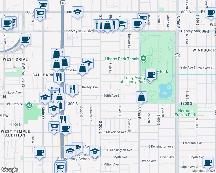 map of restaurants, bars, coffee shops, grocery stores, and more near 1166 Blair Street in Salt Lake City