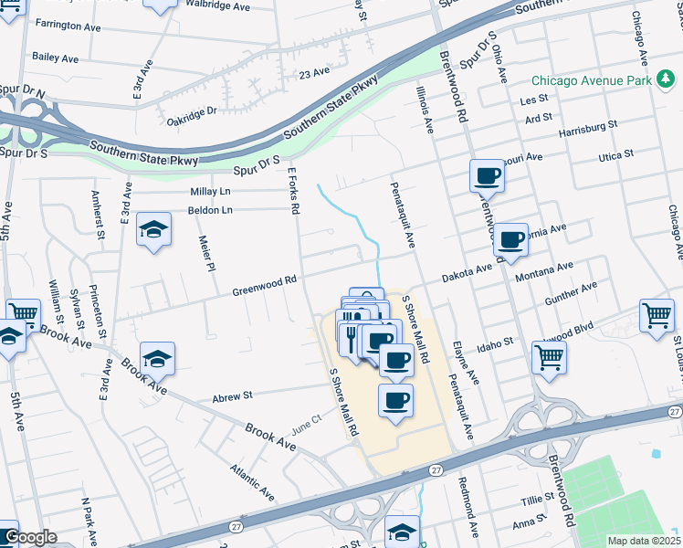 map of restaurants, bars, coffee shops, grocery stores, and more near 108 Greenwood Road in Bay Shore