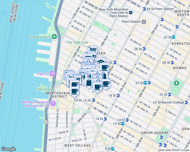 map of restaurants, bars, coffee shops, grocery stores, and more near 351 West 18th Street in New York