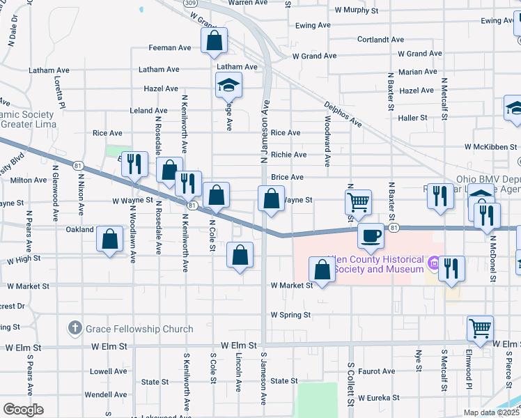 map of restaurants, bars, coffee shops, grocery stores, and more near 331 North Jameson Avenue in Lima