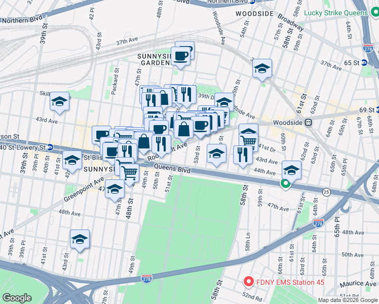 map of restaurants, bars, coffee shops, grocery stores, and more near in Queens
