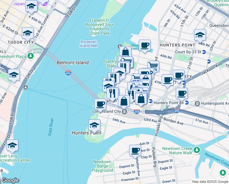 map of restaurants, bars, coffee shops, grocery stores, and more near 50th Ave & 2nd St in Queens