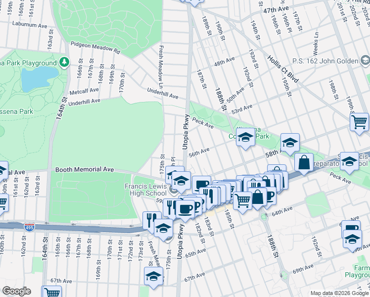 map of restaurants, bars, coffee shops, grocery stores, and more near 56-3 Utopia Parkway in Queens
