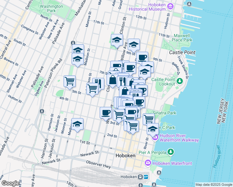 map of restaurants, bars, coffee shops, grocery stores, and more near 250 5th Street in Hoboken