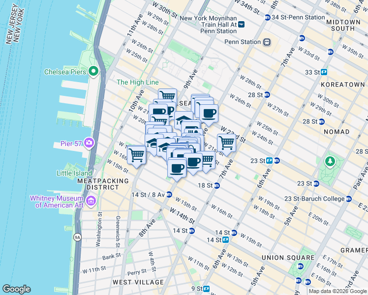 map of restaurants, bars, coffee shops, grocery stores, and more near 310 West 20th Street in New York
