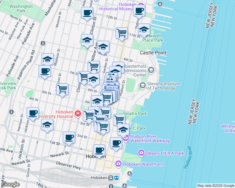 map of restaurants, bars, coffee shops, grocery stores, and more near 600 Hudson Street in Hoboken