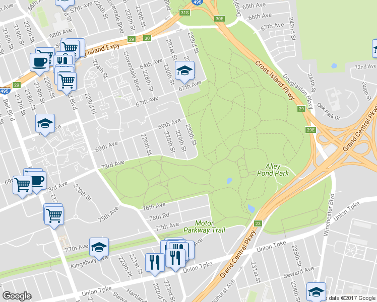 map of restaurants, bars, coffee shops, grocery stores, and more near 69-73 229th Street in Queens