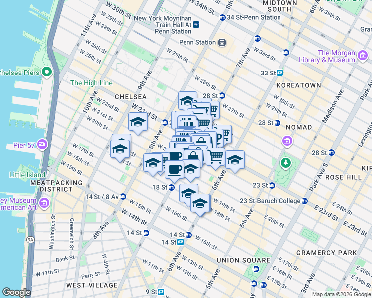 map of restaurants, bars, coffee shops, grocery stores, and more near in New York