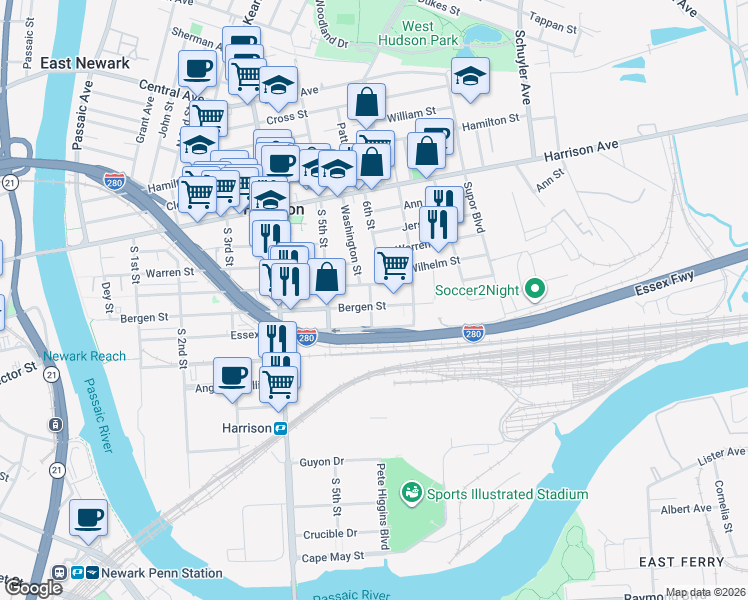 map of restaurants, bars, coffee shops, grocery stores, and more near 504 Essex Street in Harrison