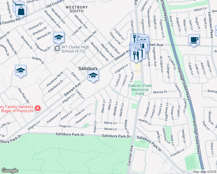 map of restaurants, bars, coffee shops, grocery stores, and more near 11 Mist Lane in Westbury