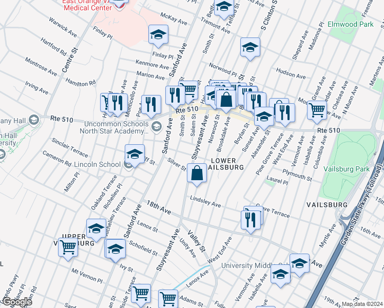 map of restaurants, bars, coffee shops, grocery stores, and more near 85 Stuyvesant Avenue in Newark