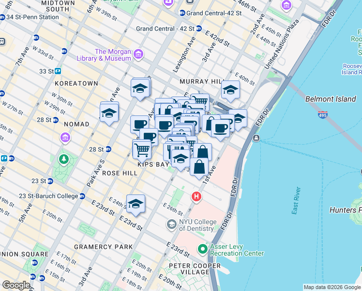map of restaurants, bars, coffee shops, grocery stores, and more near in New York