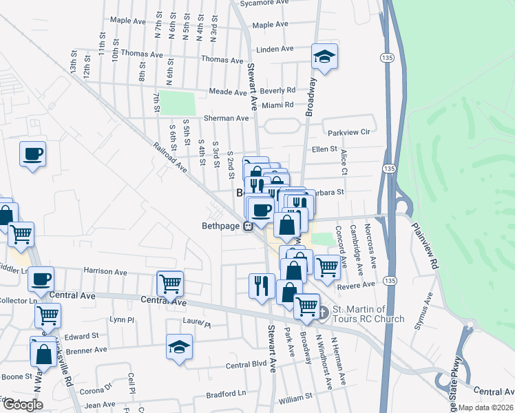 map of restaurants, bars, coffee shops, grocery stores, and more near 515 Stewart Avenue in Bethpage