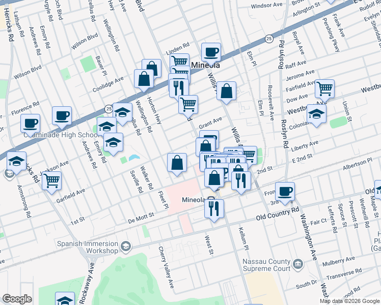 map of restaurants, bars, coffee shops, grocery stores, and more near 232 Harrison Avenue in Mineola