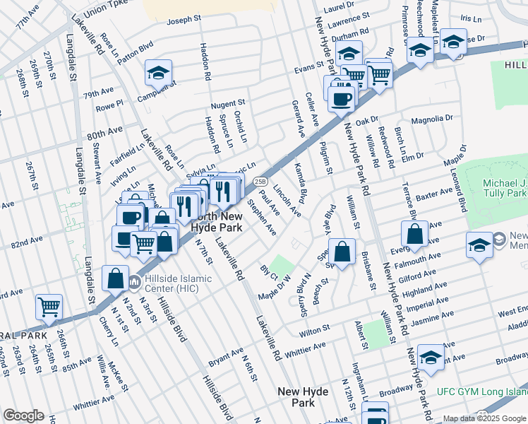 map of restaurants, bars, coffee shops, grocery stores, and more near 51 Stephen Avenue in New Hyde Park