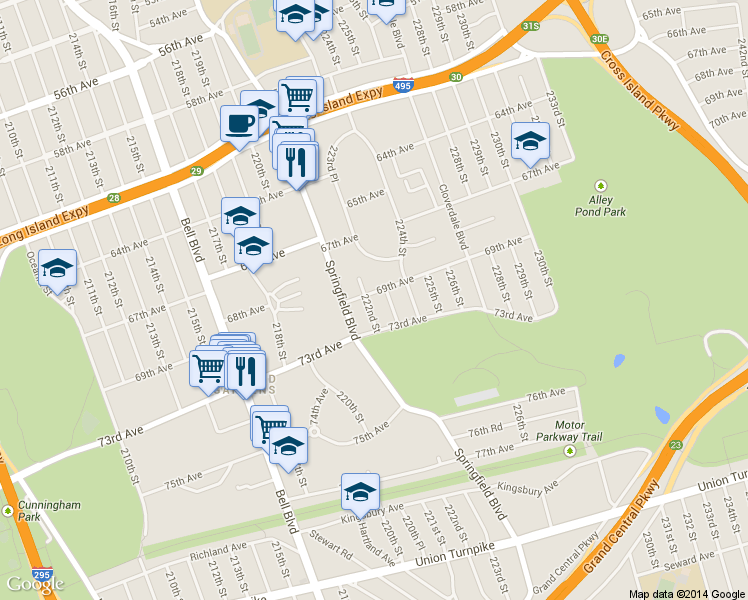 map of restaurants, bars, coffee shops, grocery stores, and more near 69-32 223rd Street in Queens