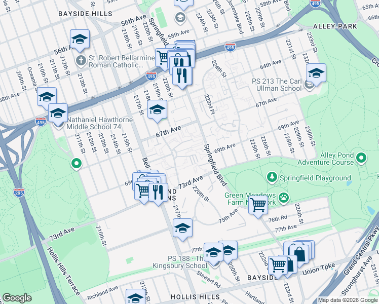 map of restaurants, bars, coffee shops, grocery stores, and more near 68-44 Springfield Boulevard in Queens