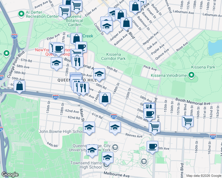 map of restaurants, bars, coffee shops, grocery stores, and more near 146-39 59th Avenue in Queens