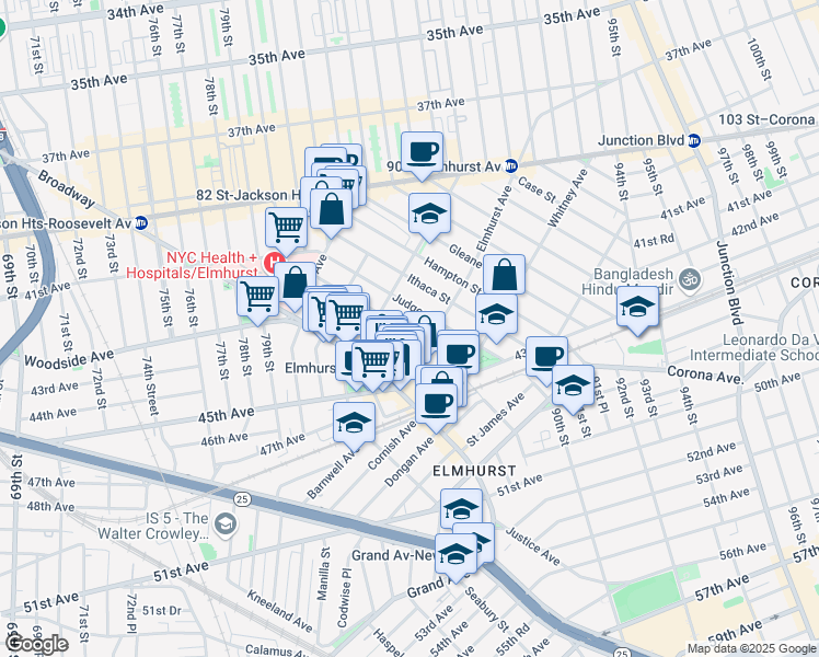 map of restaurants, bars, coffee shops, grocery stores, and more near in Queens