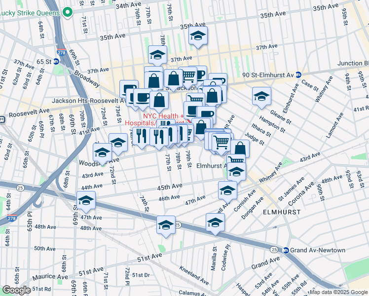 map of restaurants, bars, coffee shops, grocery stores, and more near 42-24 78th Street in Queens