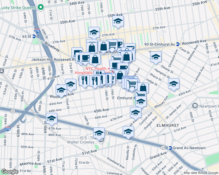 map of restaurants, bars, coffee shops, grocery stores, and more near 42-24 78th Street in Queens