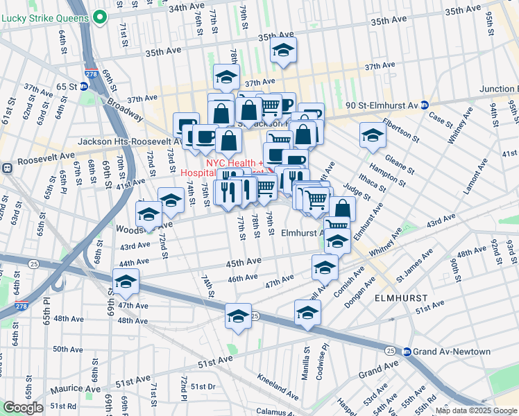 map of restaurants, bars, coffee shops, grocery stores, and more near 42-24 78th Street in Queens