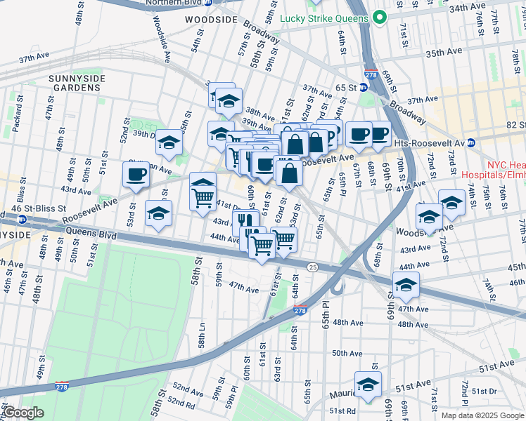 map of restaurants, bars, coffee shops, grocery stores, and more near in Queens