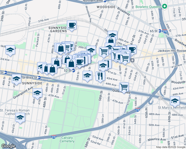 map of restaurants, bars, coffee shops, grocery stores, and more near 43-18 56th Street in Queens