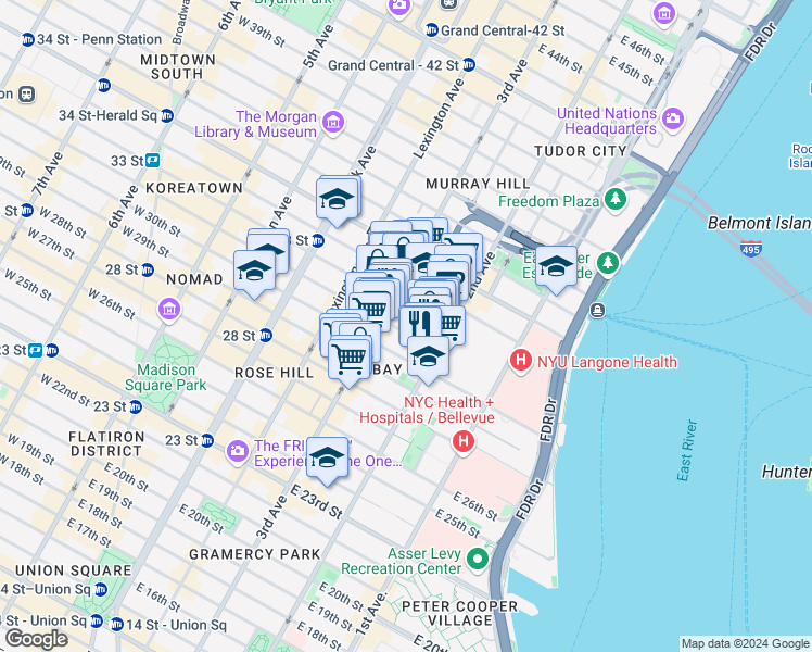 map of restaurants, bars, coffee shops, grocery stores, and more near 208 East 30th Street in New York