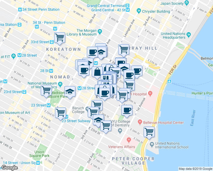 map of restaurants, bars, coffee shops, grocery stores, and more near in New York
