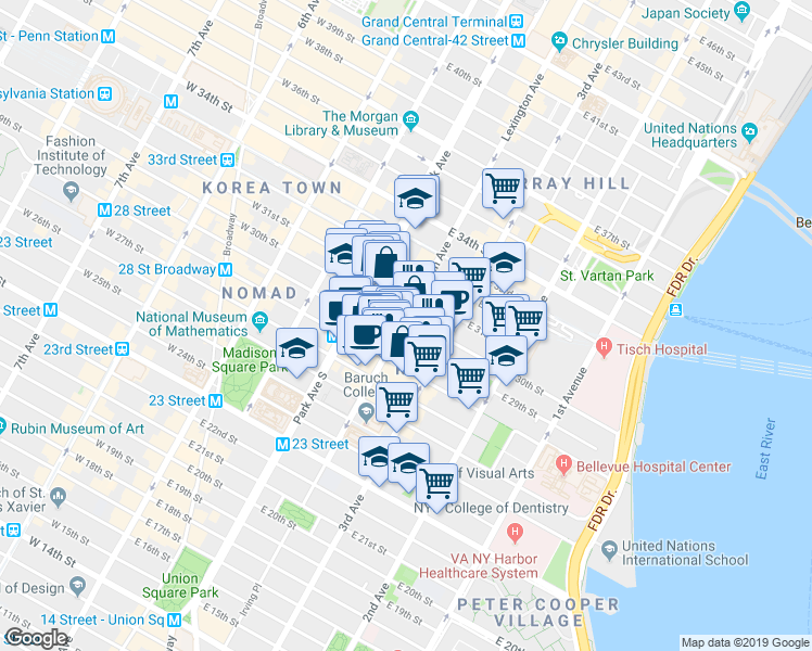 map of restaurants, bars, coffee shops, grocery stores, and more near 133 East 29th Street in New York