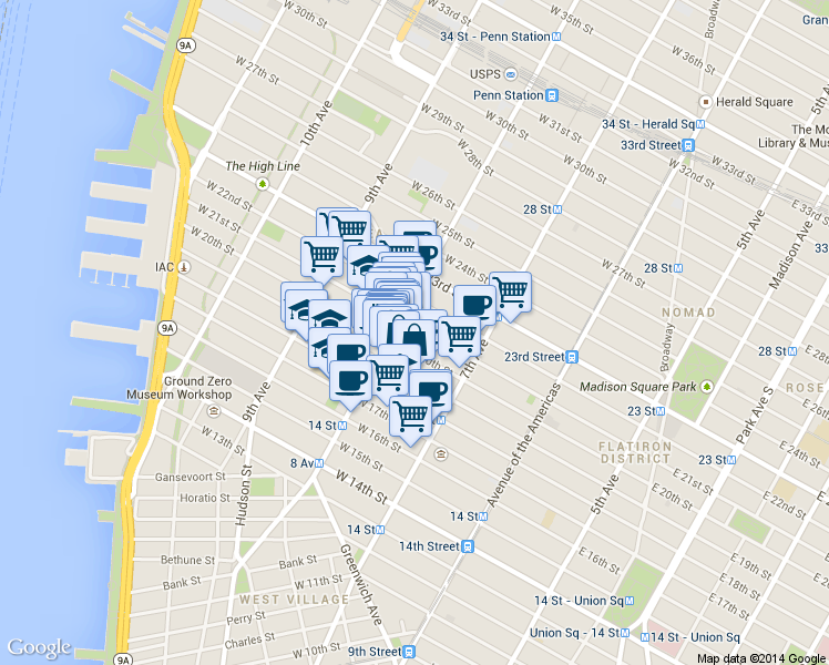map of restaurants, bars, coffee shops, grocery stores, and more near in New York
