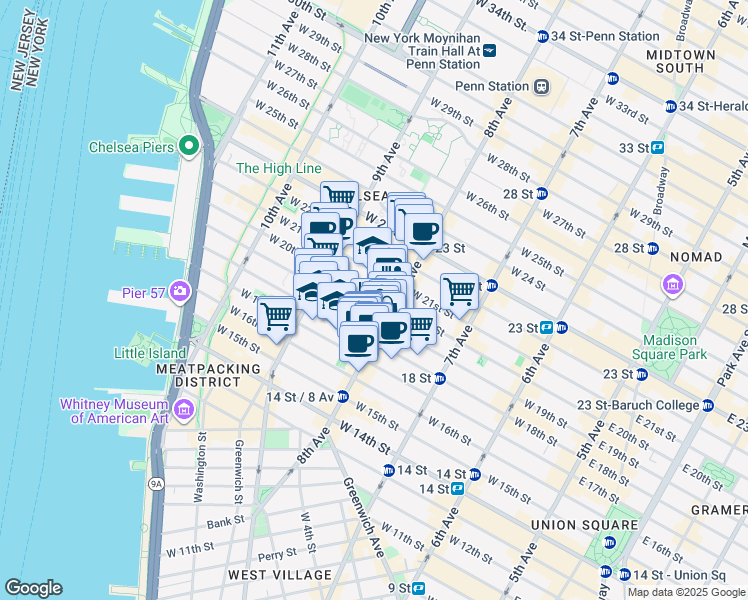 map of restaurants, bars, coffee shops, grocery stores, and more near in New York