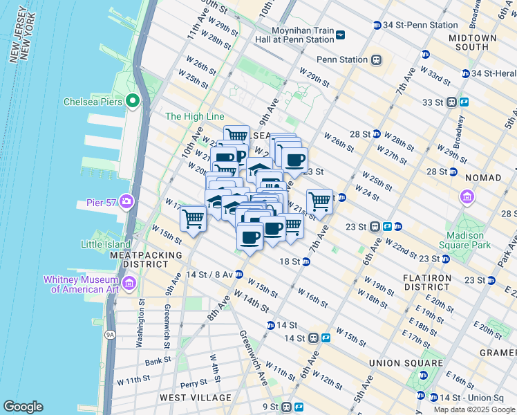 map of restaurants, bars, coffee shops, grocery stores, and more near in New York