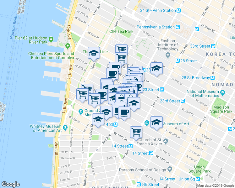 map of restaurants, bars, coffee shops, grocery stores, and more near in New York