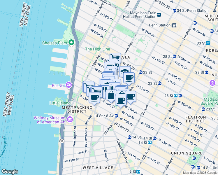 map of restaurants, bars, coffee shops, grocery stores, and more near 351 West 18th Street in New York