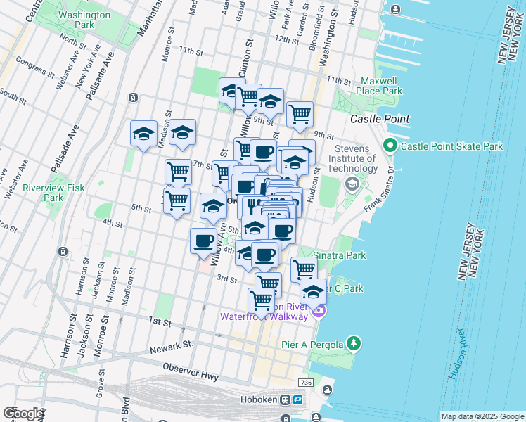 map of restaurants, bars, coffee shops, grocery stores, and more near 515 Garden Street in Hoboken