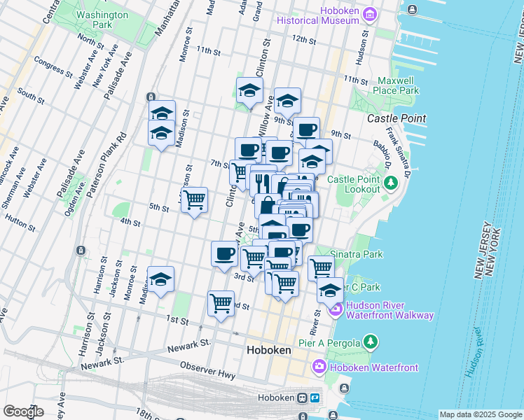 map of restaurants, bars, coffee shops, grocery stores, and more near 515 Garden Street in Hoboken