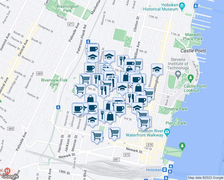 map of restaurants, bars, coffee shops, grocery stores, and more near 415 Adams Street in Hoboken