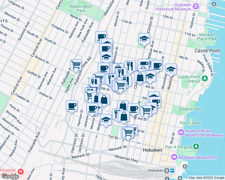 map of restaurants, bars, coffee shops, grocery stores, and more near 410 Jefferson Street in Hoboken