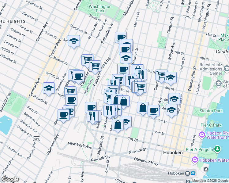 map of restaurants, bars, coffee shops, grocery stores, and more near 655 4th Street in Hoboken