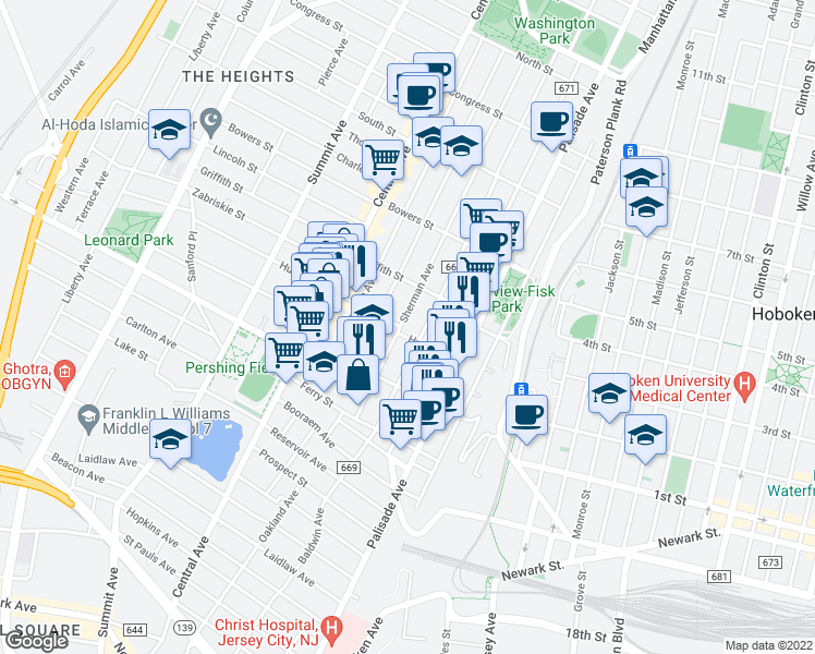 map of restaurants, bars, coffee shops, grocery stores, and more near 70 Sherman Avenue in Jersey City
