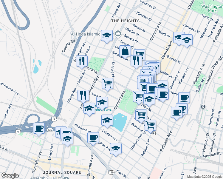 map of restaurants, bars, coffee shops, grocery stores, and more near 45 Carlton Avenue in Jersey City
