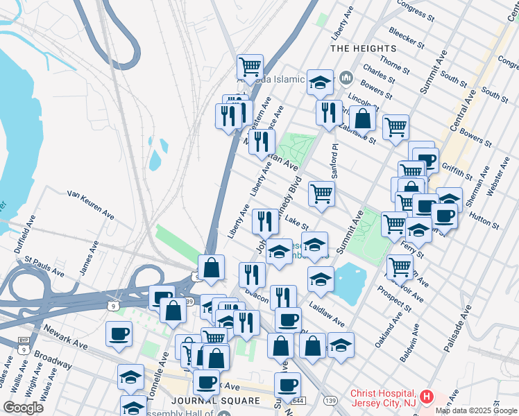 map of restaurants, bars, coffee shops, grocery stores, and more near 29 Cliff Street in Jersey City