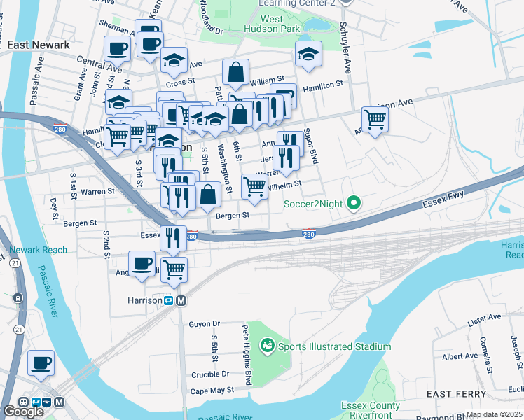 map of restaurants, bars, coffee shops, grocery stores, and more near 620 Essex Freeway in Harrison