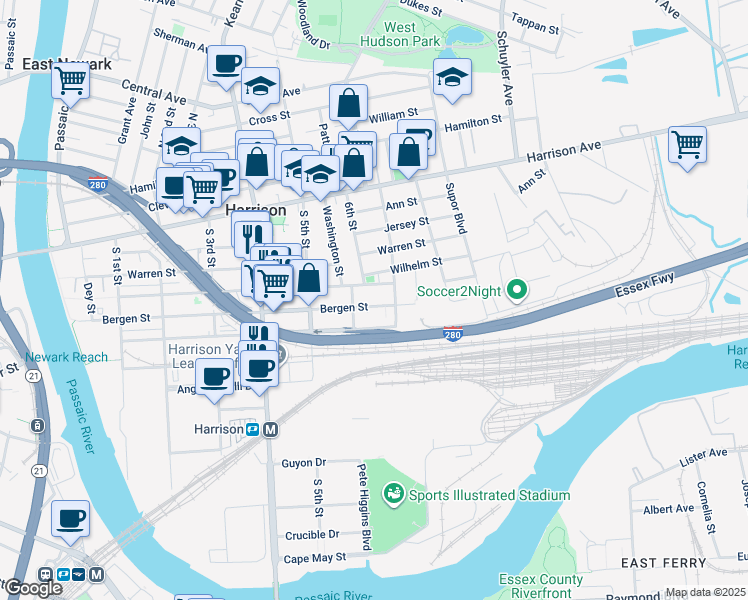 map of restaurants, bars, coffee shops, grocery stores, and more near 620 Essex Freeway in Harrison