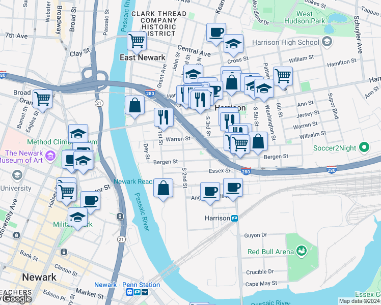 map of restaurants, bars, coffee shops, grocery stores, and more near 210 Bergen Street in Harrison