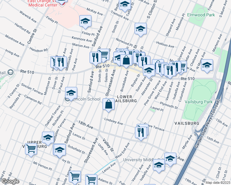 map of restaurants, bars, coffee shops, grocery stores, and more near 96 Norwood Street in Newark